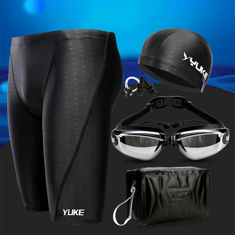 2019 Men Swimming Shorts Waterproof Competition Swim Equipment Goggles with Ear-Plug Cap Case Trunks Briefs Swimwear Half Pants